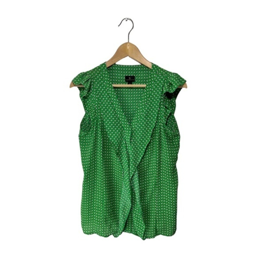 Worthington Sleeveless Green Geometric Blouse Flounce | EUC